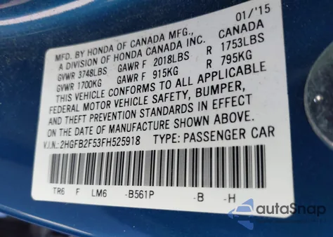 2015 Honda Civic Lx z USA, uszkodzony, nr VIN 2HGFB2F53FH525918